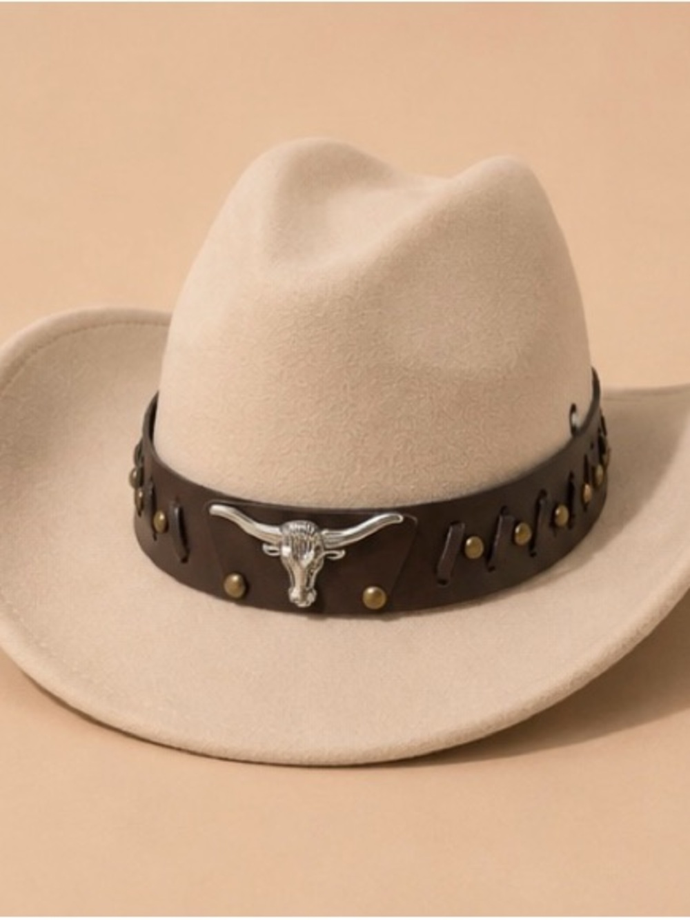 Cream Western Felt Hat with Brown Studded Leather Band